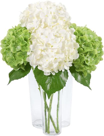 Hydrangea Artificial Flowers, Yellow, 3Pcs | Latex Real Touch Hydrangeas with Long Stems & Leaves for Home Decor Party Floral Arrangements Wedding Bouquets Centerpieces