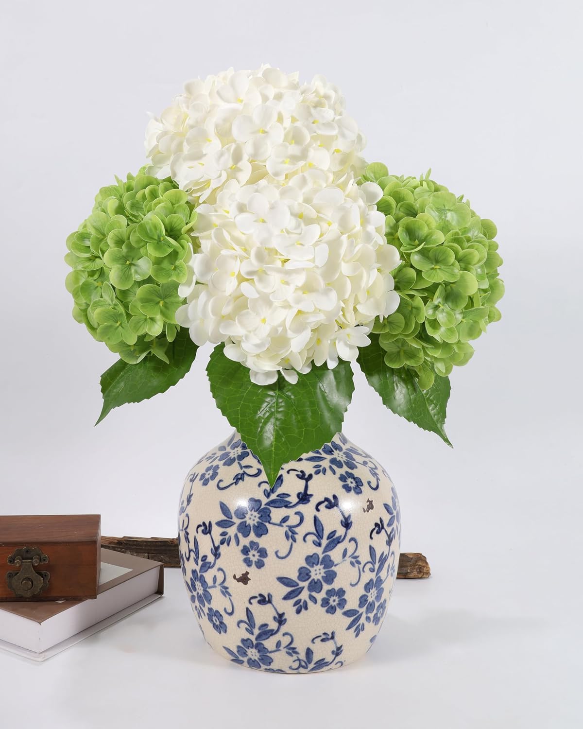 Hydrangea Artificial Flowers, Yellow, 3Pcs | Latex Real Touch Hydrangeas with Long Stems & Leaves for Home Decor Party Floral Arrangements Wedding Bouquets Centerpieces