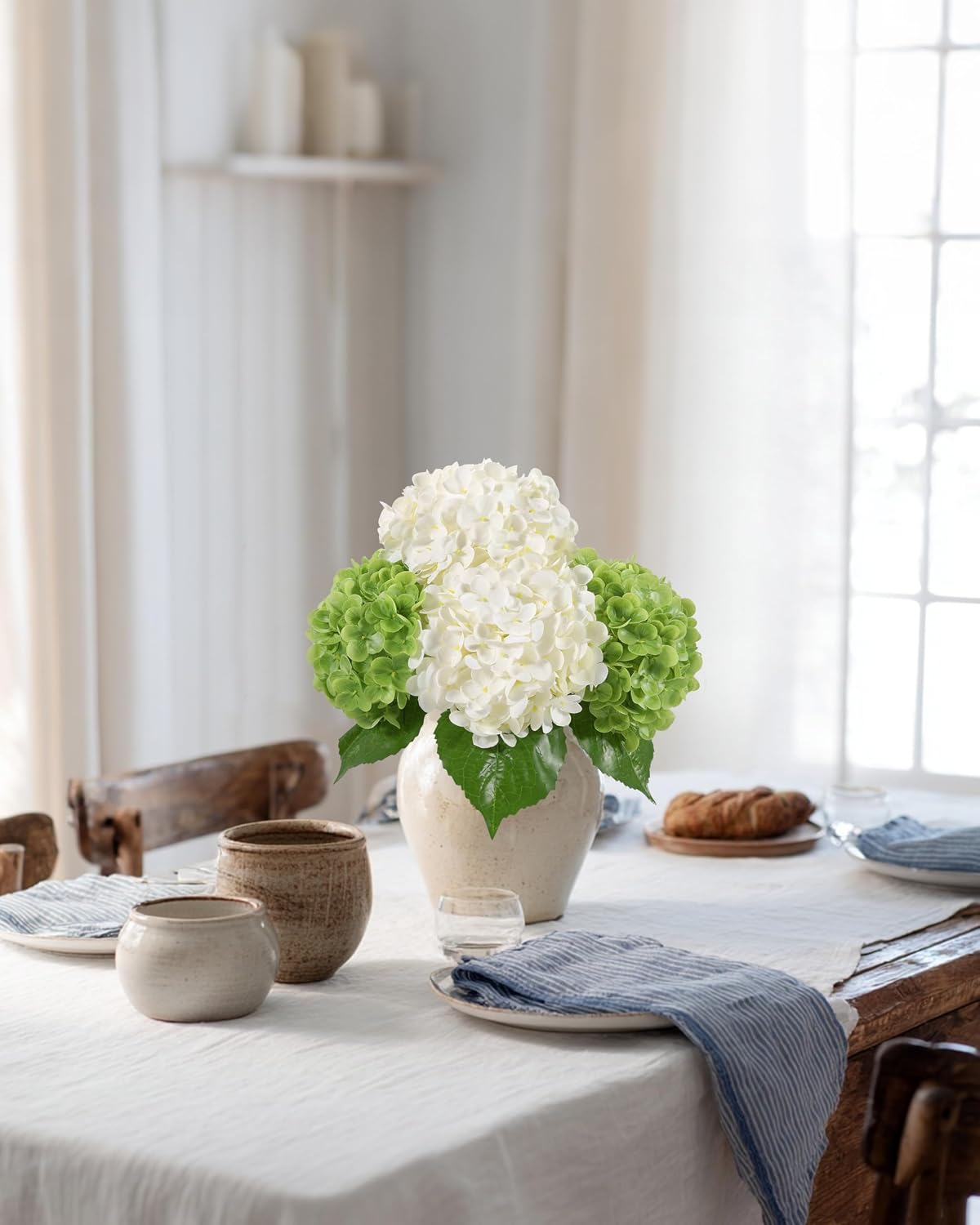Hydrangea Artificial Flowers, Yellow, 3Pcs | Latex Real Touch Hydrangeas with Long Stems & Leaves for Home Decor Party Floral Arrangements Wedding Bouquets Centerpieces