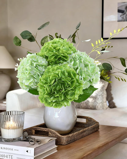 Hydrangea Artificial Flowers, Yellow, 3Pcs | Latex Real Touch Hydrangeas with Long Stems & Leaves for Home Decor Party Floral Arrangements Wedding Bouquets Centerpieces