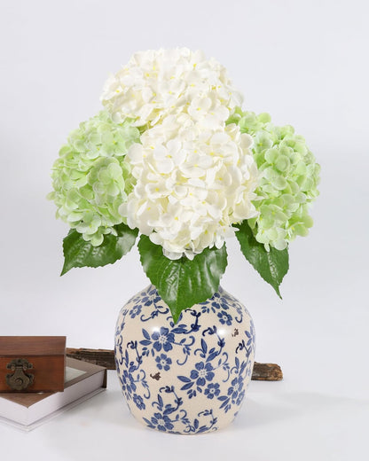 Hydrangea Artificial Flowers, Yellow, 3Pcs | Latex Real Touch Hydrangeas with Long Stems & Leaves for Home Decor Party Floral Arrangements Wedding Bouquets Centerpieces