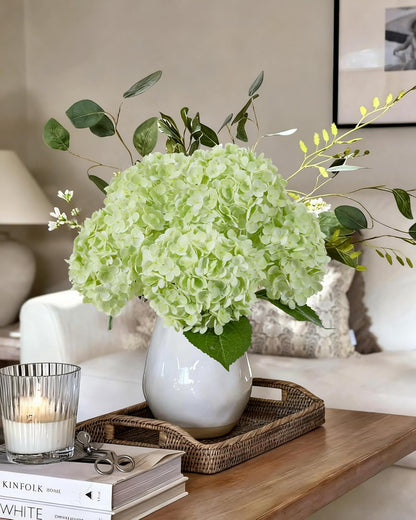 Hydrangea Artificial Flowers, Yellow, 3Pcs | Latex Real Touch Hydrangeas with Long Stems & Leaves for Home Decor Party Floral Arrangements Wedding Bouquets Centerpieces
