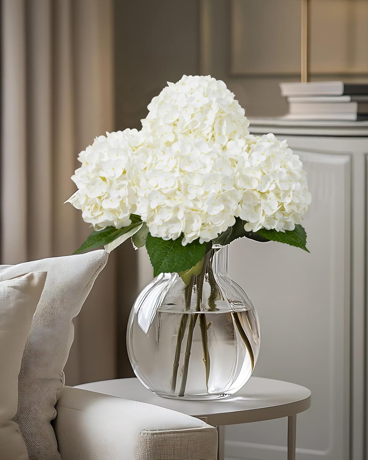 Hydrangea Artificial Flowers, Yellow, 3Pcs | Latex Real Touch Hydrangeas with Long Stems & Leaves for Home Decor Party Floral Arrangements Wedding Bouquets Centerpieces