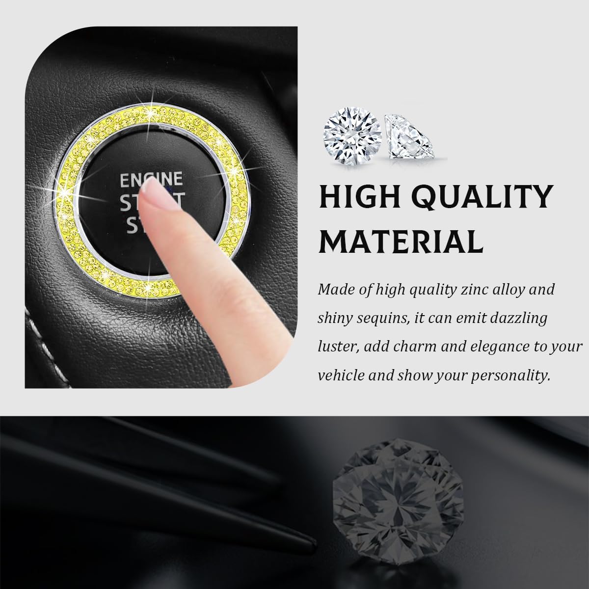 Car Bling Engine Start Ring Decal, Crystal Rhinestone Push to Start Button Cover Sticker, Auto Sparkling Key Ignition Knob Decoration Ring for Women Girls, Car Accessories (Yellow)