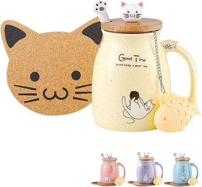 Tea Cup With Infuser and Lid Ceramic Coffee Mug Kawaii Cat Mug Cute Mugs Tea Mug Cute Cool Preppy Stuff Cat Gifts Birthday Gifts Cute Gifts for Women Girls(13oz)