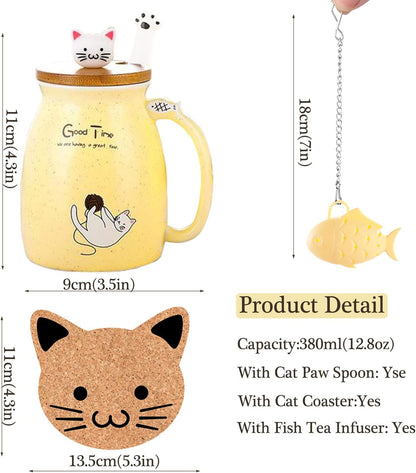 Tea Cup With Infuser and Lid Ceramic Coffee Mug Kawaii Cat Mug Cute Mugs Tea Mug Cute Cool Preppy Stuff Cat Gifts Birthday Gifts Cute Gifts for Women Girls(13oz)