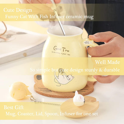 Tea Cup With Infuser and Lid Ceramic Coffee Mug Kawaii Cat Mug Cute Mugs Tea Mug Cute Cool Preppy Stuff Cat Gifts Birthday Gifts Cute Gifts for Women Girls(13oz)