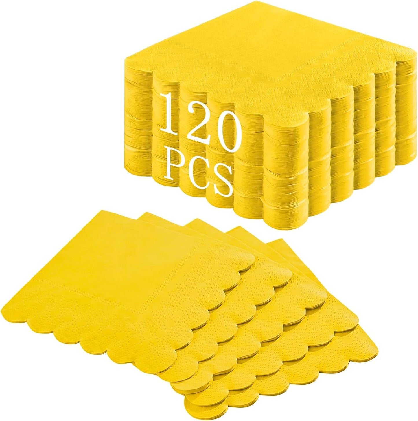 120 Pcs Yellow Cocktail Napkins Scalloped Paper Napkins Disposable Dessert Beverage Napkins for Lemon Party Decor, Birthday,Wedding