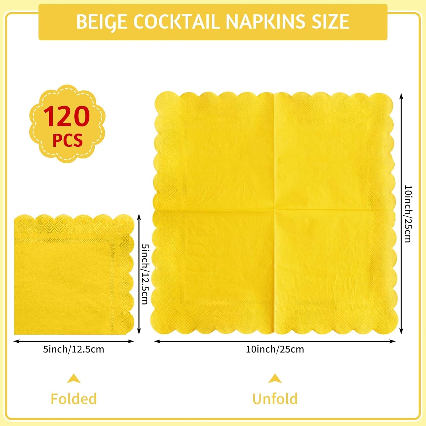 120 Pcs Yellow Cocktail Napkins Scalloped Paper Napkins Disposable Dessert Beverage Napkins for Lemon Party Decor, Birthday,Wedding