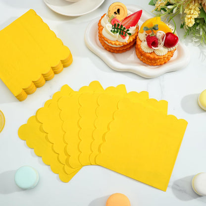 120 Pcs Yellow Cocktail Napkins Scalloped Paper Napkins Disposable Dessert Beverage Napkins for Lemon Party Decor, Birthday,Wedding