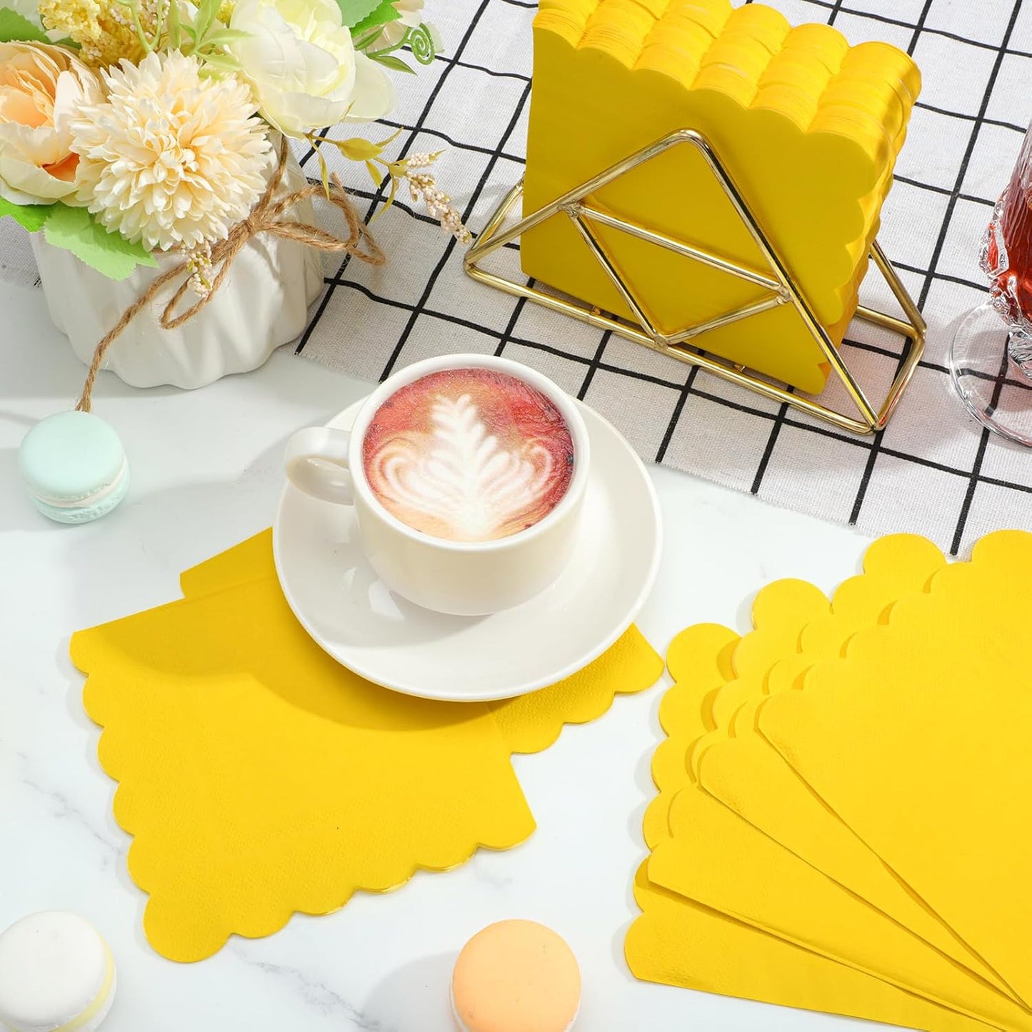 120 Pcs Yellow Cocktail Napkins Scalloped Paper Napkins Disposable Dessert Beverage Napkins for Lemon Party Decor, Birthday,Wedding