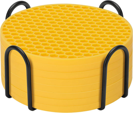 Silicone Coasters Set of 8 with Holder — Non-Slip Drink Coasters for Coffee Table, Home Bar & Kitchen, Protects Wood & Marble Surfaces from Water Rings, Dishwasher Safe (Yellow)