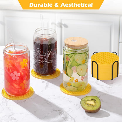 Silicone Coasters Set of 8 with Holder — Non-Slip Drink Coasters for Coffee Table, Home Bar & Kitchen, Protects Wood & Marble Surfaces from Water Rings, Dishwasher Safe (Yellow)