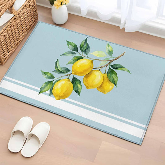 Washable Rectangle Area Rug 2x3ft Watercolor Yellow Lemon Leaves Non-Slip Soft Living Room Rug, Summer Fruit on Light Blue Non-Shedding Bedroom Carpet for Home Dining Room