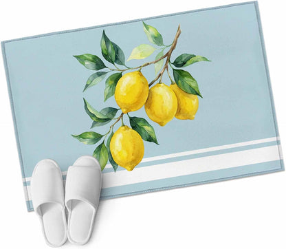 Washable Rectangle Area Rug 2x3ft Watercolor Yellow Lemon Leaves Non-Slip Soft Living Room Rug, Summer Fruit on Light Blue Non-Shedding Bedroom Carpet for Home Dining Room