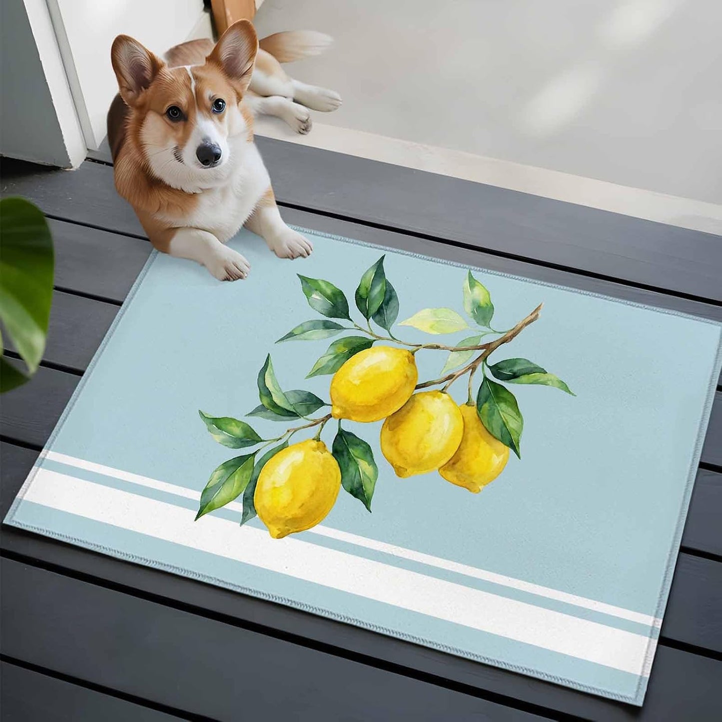 Washable Rectangle Area Rug 2x3ft Watercolor Yellow Lemon Leaves Non-Slip Soft Living Room Rug, Summer Fruit on Light Blue Non-Shedding Bedroom Carpet for Home Dining Room