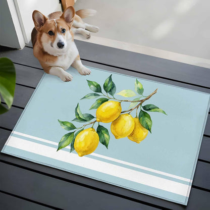 Washable Rectangle Area Rug 2x3ft Watercolor Yellow Lemon Leaves Non-Slip Soft Living Room Rug, Summer Fruit on Light Blue Non-Shedding Bedroom Carpet for Home Dining Room