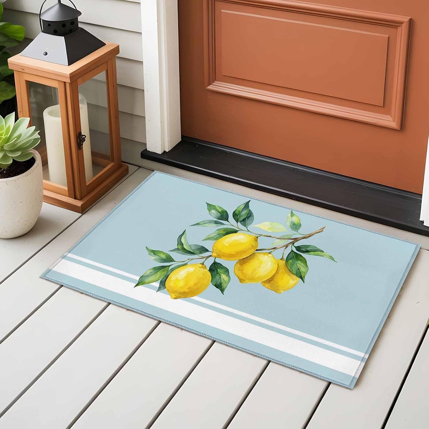 Washable Rectangle Area Rug 2x3ft Watercolor Yellow Lemon Leaves Non-Slip Soft Living Room Rug, Summer Fruit on Light Blue Non-Shedding Bedroom Carpet for Home Dining Room