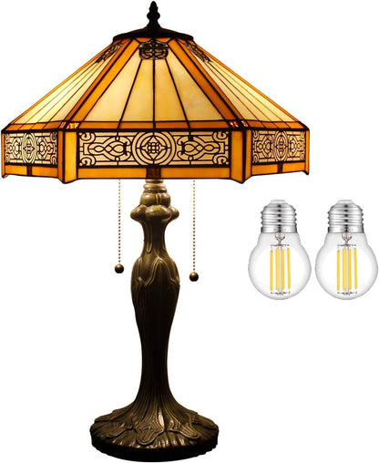 Tiffany Table Lamp Yellow Hexagon Stained Glass Bedside Lamp | 16X16X24 Inches Mission Desk Reading Light Metal Base Decor Bedroom Living Room Home Office S011 Series