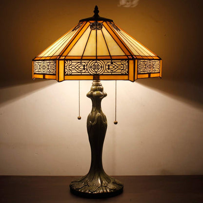 Tiffany Table Lamp Yellow Hexagon Stained Glass Bedside Lamp | 16X16X24 Inches Mission Desk Reading Light Metal Base Decor Bedroom Living Room Home Office S011 Series