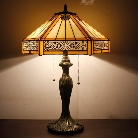 Tiffany Table Lamp Yellow Hexagon Stained Glass Bedside Lamp | 16X16X24 Inches Mission Desk Reading Light Metal Base Decor Bedroom Living Room Home Office S011 Series