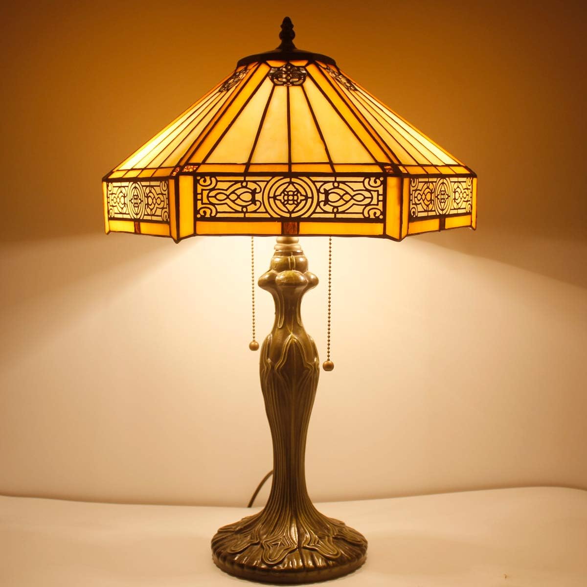 Tiffany Table Lamp Yellow Hexagon Stained Glass Bedside Lamp | 16X16X24 Inches Mission Desk Reading Light Metal Base Decor Bedroom Living Room Home Office S011 Series