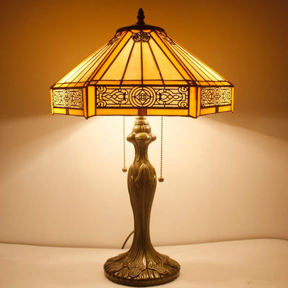 Tiffany Table Lamp Yellow Hexagon Stained Glass Bedside Lamp | 16X16X24 Inches Mission Desk Reading Light Metal Base Decor Bedroom Living Room Home Office S011 Series
