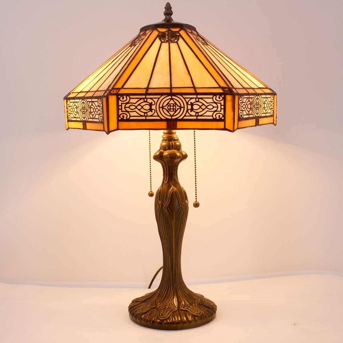 Tiffany Table Lamp Yellow Hexagon Stained Glass Bedside Lamp | 16X16X24 Inches Mission Desk Reading Light Metal Base Decor Bedroom Living Room Home Office S011 Series