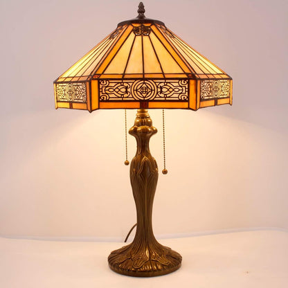 Tiffany Table Lamp Yellow Hexagon Stained Glass Bedside Lamp | 16X16X24 Inches Mission Desk Reading Light Metal Base Decor Bedroom Living Room Home Office S011 Series