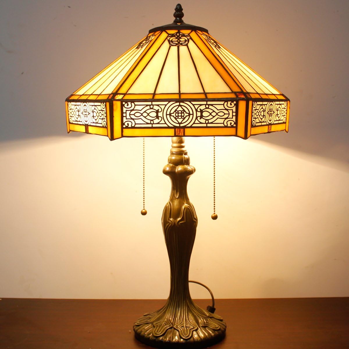 Tiffany Table Lamp Yellow Hexagon Stained Glass Bedside Lamp | 16X16X24 Inches Mission Desk Reading Light Metal Base Decor Bedroom Living Room Home Office S011 Series