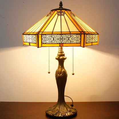 Tiffany Table Lamp Yellow Hexagon Stained Glass Bedside Lamp | 16X16X24 Inches Mission Desk Reading Light Metal Base Decor Bedroom Living Room Home Office S011 Series