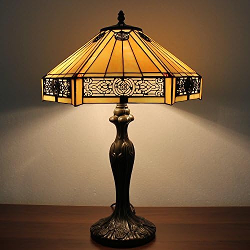 Tiffany Table Lamp Yellow Hexagon Stained Glass Bedside Lamp | 16X16X24 Inches Mission Desk Reading Light Metal Base Decor Bedroom Living Room Home Office S011 Series