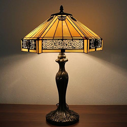 Tiffany Table Lamp Yellow Hexagon Stained Glass Bedside Lamp | 16X16X24 Inches Mission Desk Reading Light Metal Base Decor Bedroom Living Room Home Office S011 Series