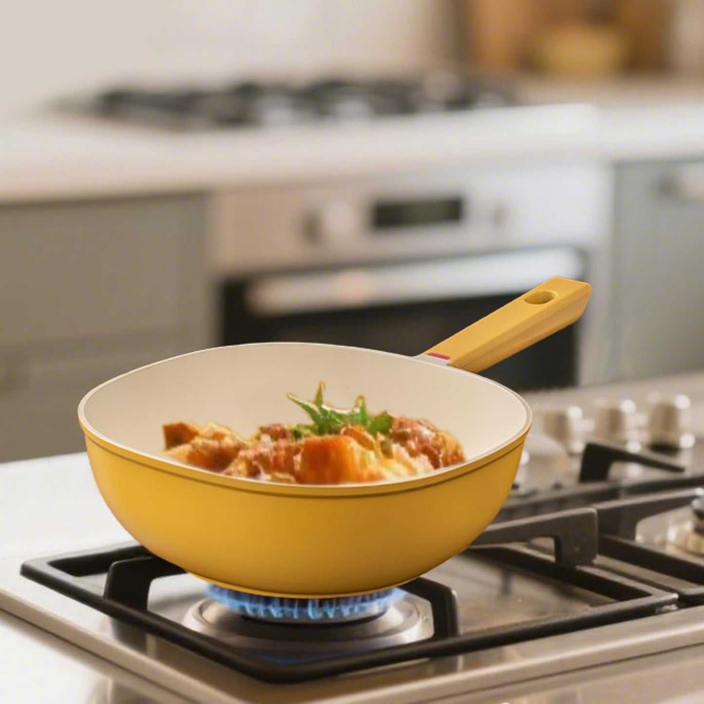 Frying Pan - Alloy Lightweight Cookware With Lid | 1.9L Nonstick Frying Pan Skillet | Yellow Small Square Pot For Grilling Home Saute Baking Apartment Meal Prep Kitchen Cooking Women Men