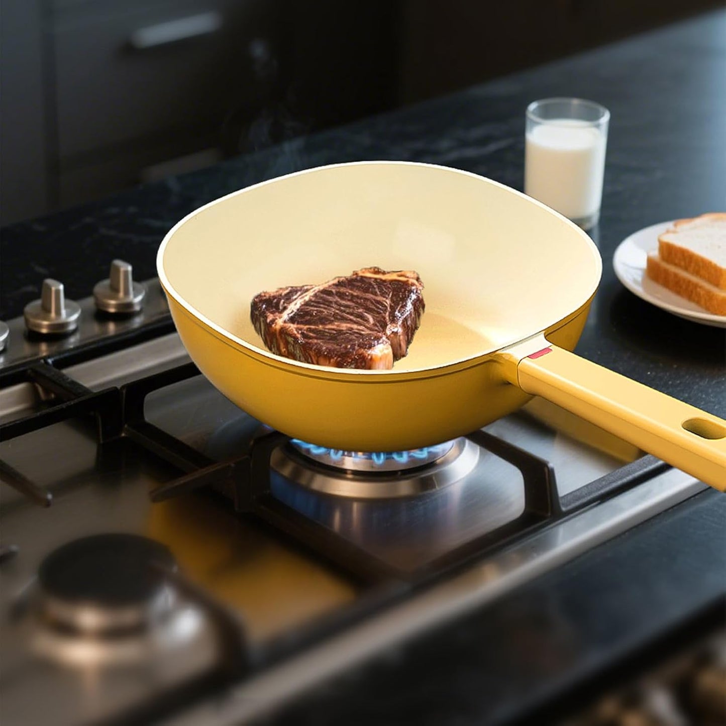 Frying Pan - Alloy Lightweight Cookware With Lid | 1.9L Nonstick Frying Pan Skillet | Yellow Small Square Pot For Grilling Home Saute Baking Apartment Meal Prep Kitchen Cooking Women Men