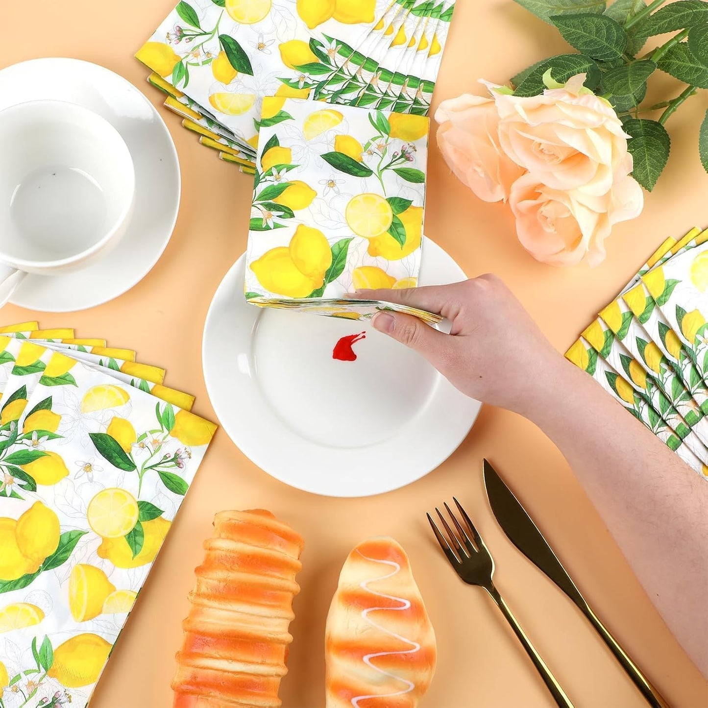 100Pcs Lemon Napkins Yellow Citrus Guest Towel Fruit Disposable Hand paper Napkins for Summer Spring Bathroom Lime Floral Tropical Tea Dinner Party Bridal Baby Shower Decorative Towels