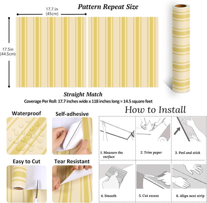 Lemon Yellow Striped Peel and Stick Wallpaper Boho Chic Geometric Stripes Wallpaper 17.7''x118'' Self Adhesive Removable Stripe Contact Paper for Shelves Walls Living Room Bedroom Renters