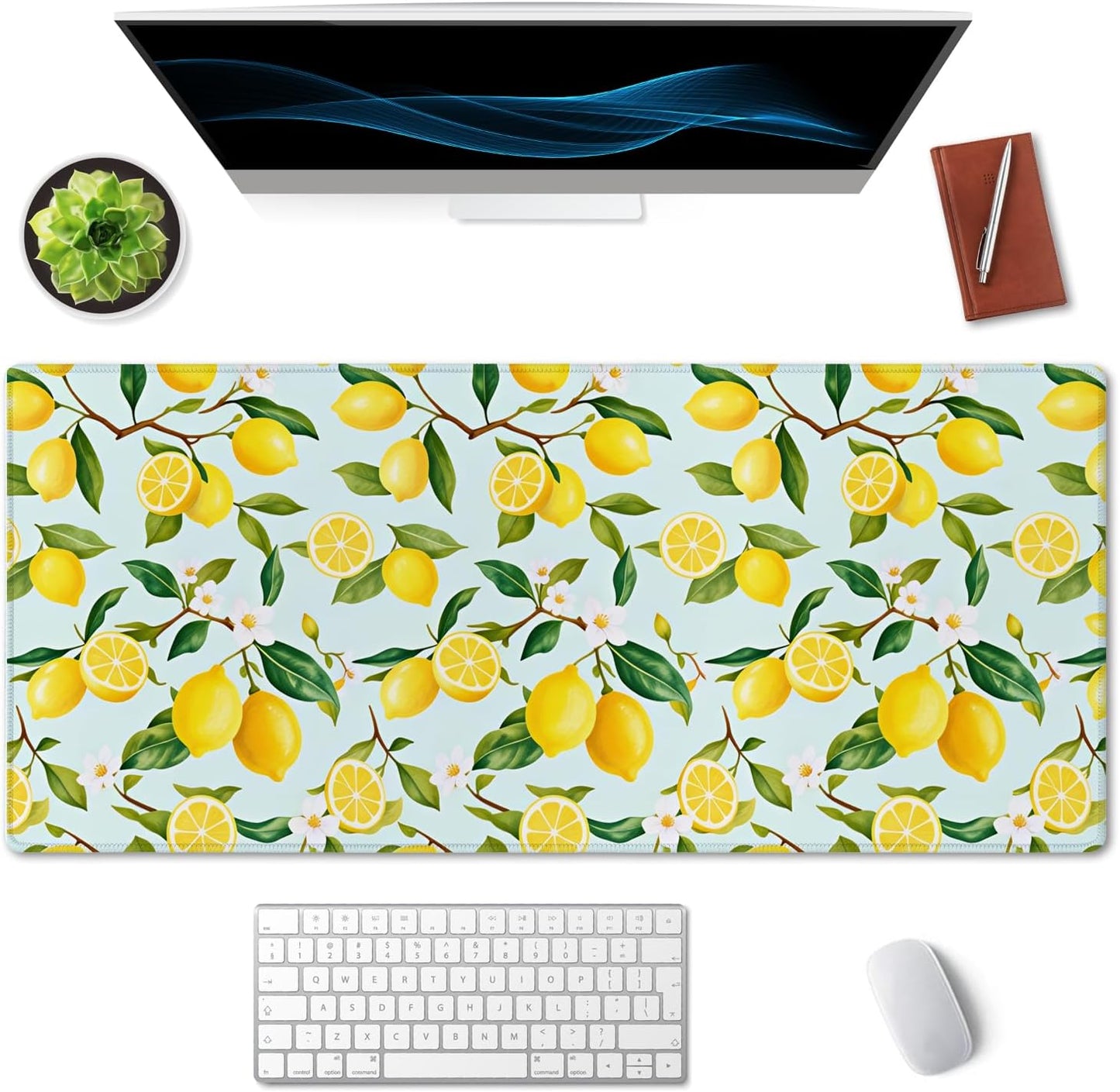 Extended Mouse Pad, XXL Gaming Mouse Pads, Large Big Mousepad Laptop Computer Keyboard Mat Desk Pad with Non-Slip Base Stitched Edge for Gaming Office, 35.5 x 15.7 inch, Lemon Fruits Tree Leaf