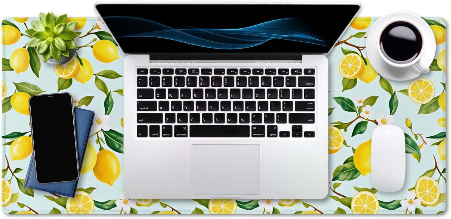 Extended Mouse Pad, XXL Gaming Mouse Pads, Large Big Mousepad Laptop Computer Keyboard Mat Desk Pad with Non-Slip Base Stitched Edge for Gaming Office, 35.5 x 15.7 inch, Lemon Fruits Tree Leaf