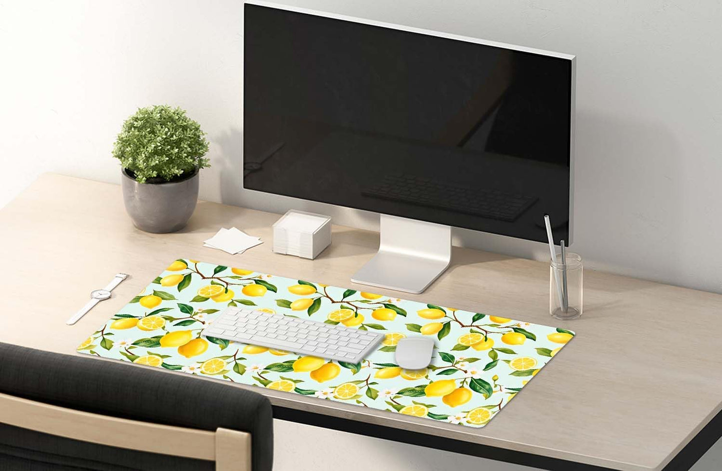 Extended Mouse Pad, XXL Gaming Mouse Pads, Large Big Mousepad Laptop Computer Keyboard Mat Desk Pad with Non-Slip Base Stitched Edge for Gaming Office, 35.5 x 15.7 inch, Lemon Fruits Tree Leaf