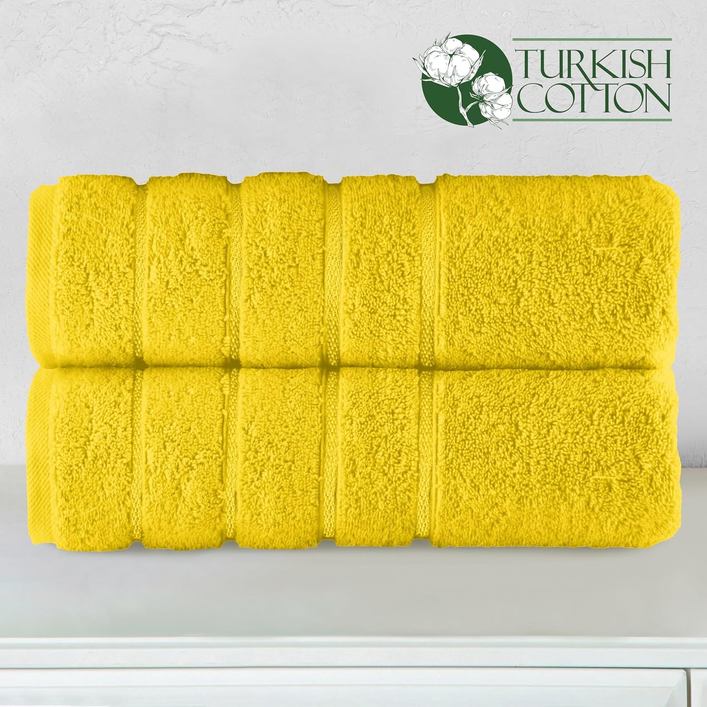 100% Turkish Cotton 4 Lines Viscose Stripe Luxury 2 Pack Bath Towel Set 27 x 54 Inch - Super Soft and Highly Absorbent Premium Hotel Spa Quality Towels for Bathroom Use, Yellow