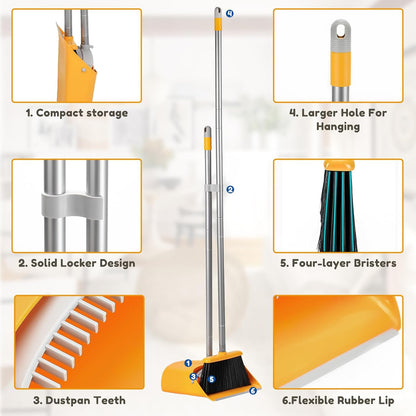 Broom and Dustpan Set with Long Handle 52", Standing Broom and Dust Pan Set for Home Kitchen Room Office Lobby Yellow