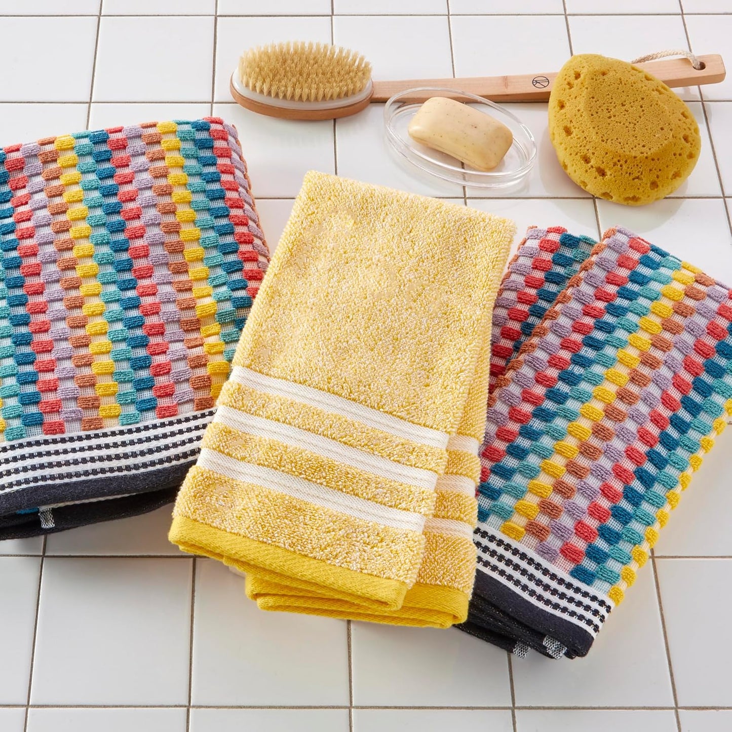 SKL Home Mid-Century 100% Cotton 2pc Hand Towel Set, Decorative for Bath/Kitchen & Bar, Yellow