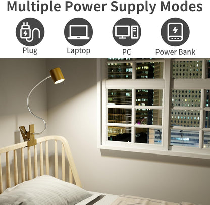 Desk Lamp,USB Clip On Light with 3 Color Modes,LED 10 Levels Brightness Reading Lamp, 360° Gooseneck Book Light,Eye-Care Reading Light for Home Office,Headboards Gold, DA-3.5W-01