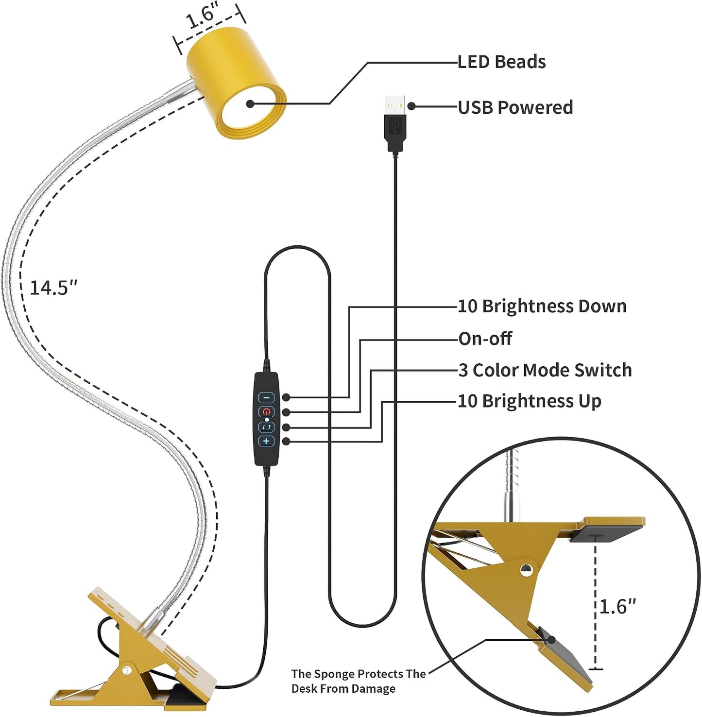 Desk Lamp,USB Clip On Light with 3 Color Modes,LED 10 Levels Brightness Reading Lamp, 360° Gooseneck Book Light,Eye-Care Reading Light for Home Office,Headboards Gold, DA-3.5W-01