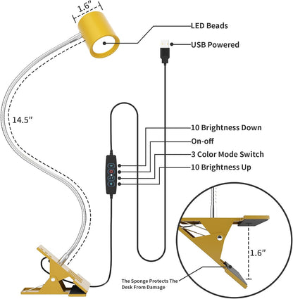 Desk Lamp,USB Clip On Light with 3 Color Modes,LED 10 Levels Brightness Reading Lamp, 360° Gooseneck Book Light,Eye-Care Reading Light for Home Office,Headboards Gold, DA-3.5W-01