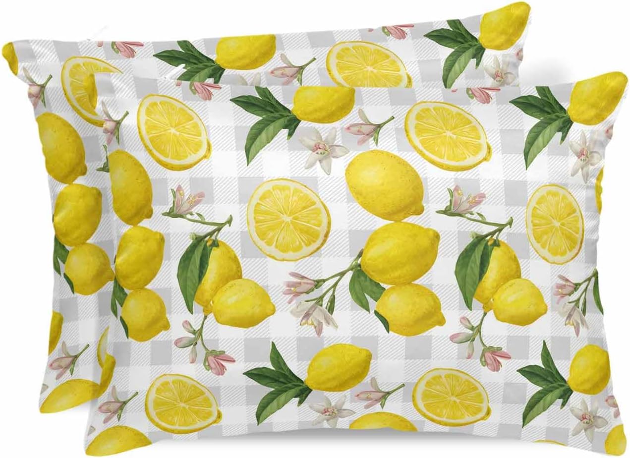 Farmhouse Satin Pillowcase for Hair and Skin King Yellow Lemon Floral Leaf Summer Fruit Farmhouse Grey Plaid Pillow Cases 2 Pack with Zipper, Soft Cooling Similar to Silk Pillow Covers, 20x26 Inch