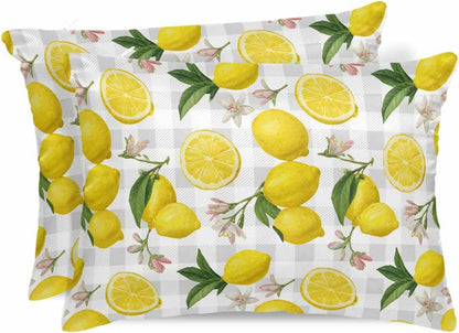 Farmhouse Satin Pillowcase for Hair and Skin King Yellow Lemon Floral Leaf Summer Fruit Farmhouse Grey Plaid Pillow Cases 2 Pack with Zipper, Soft Cooling Similar to Silk Pillow Covers, 20x26 Inch