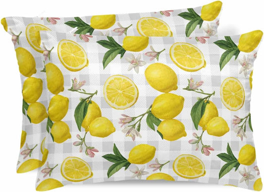 Farmhouse Satin Pillowcase for Hair and Skin King Yellow Lemon Floral Leaf Summer Fruit Farmhouse Grey Plaid Pillow Cases 2 Pack with Zipper, Soft Cooling Similar to Silk Pillow Covers, 20x26 Inch