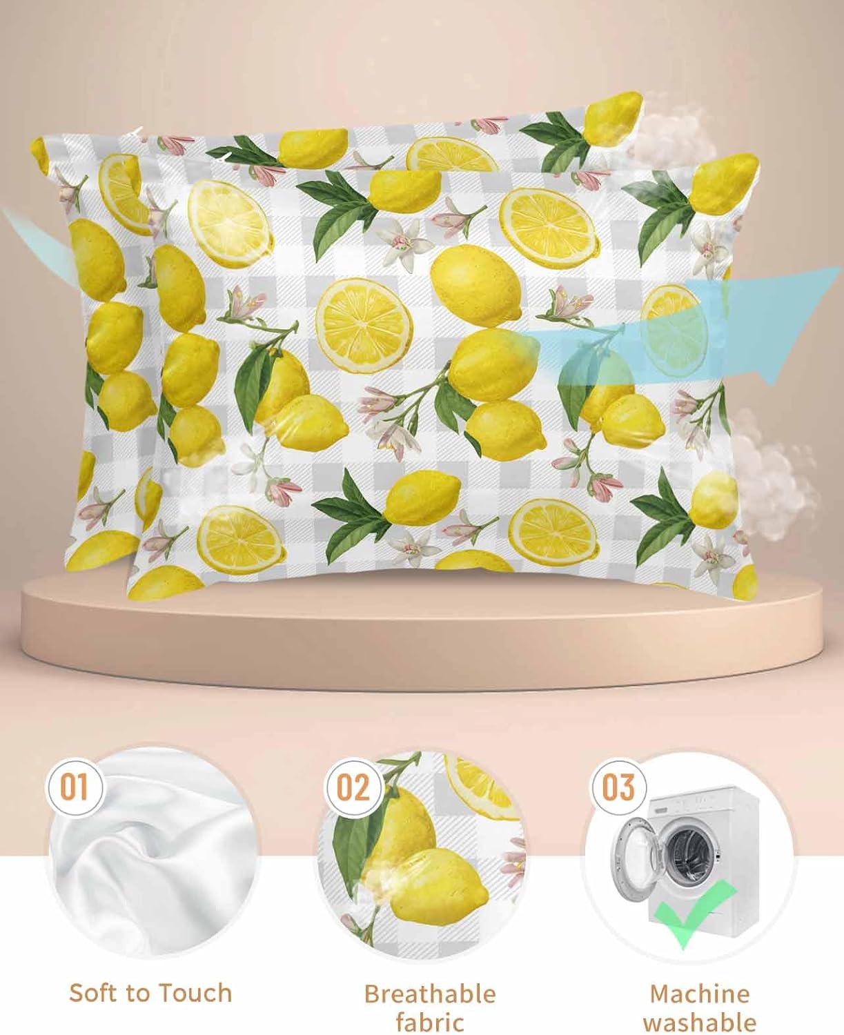 Farmhouse Satin Pillowcase for Hair and Skin King Yellow Lemon Floral Leaf Summer Fruit Farmhouse Grey Plaid Pillow Cases 2 Pack with Zipper, Soft Cooling Similar to Silk Pillow Covers, 20x26 Inch